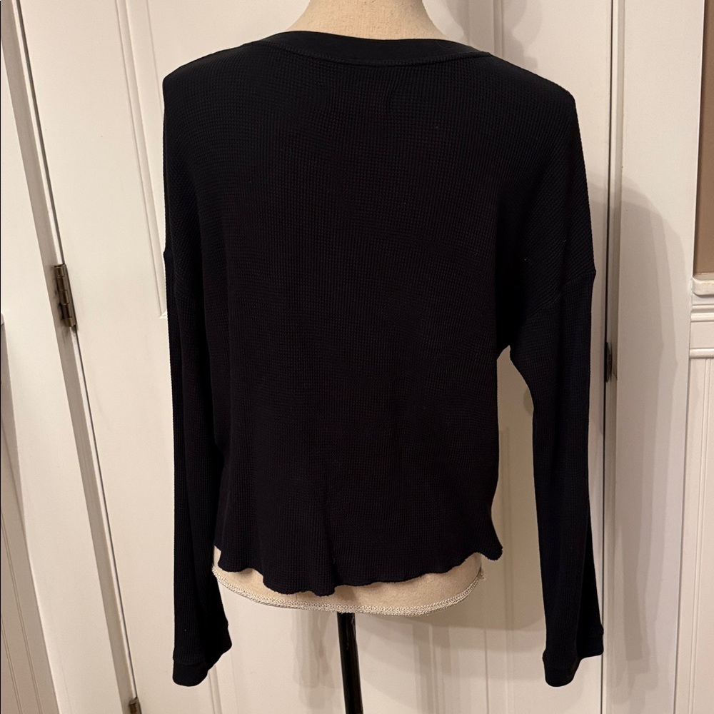 EVERLANE TOP TEE LONG SLEEVE BLACK WAFFLE KNIT COTTON BOXY SIZE S CROPPED (mens) - Picture 5 of 10